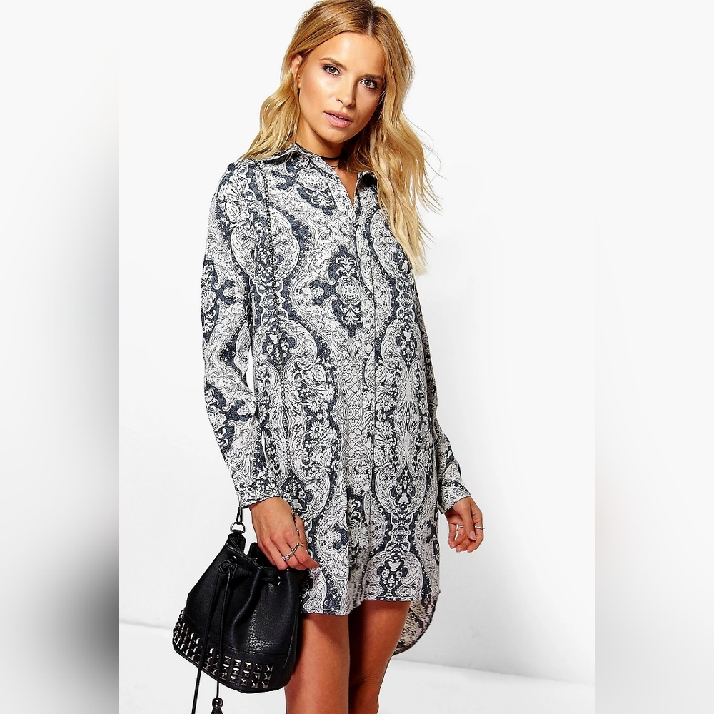 Boohoo paisley buttonup high low shirt dress